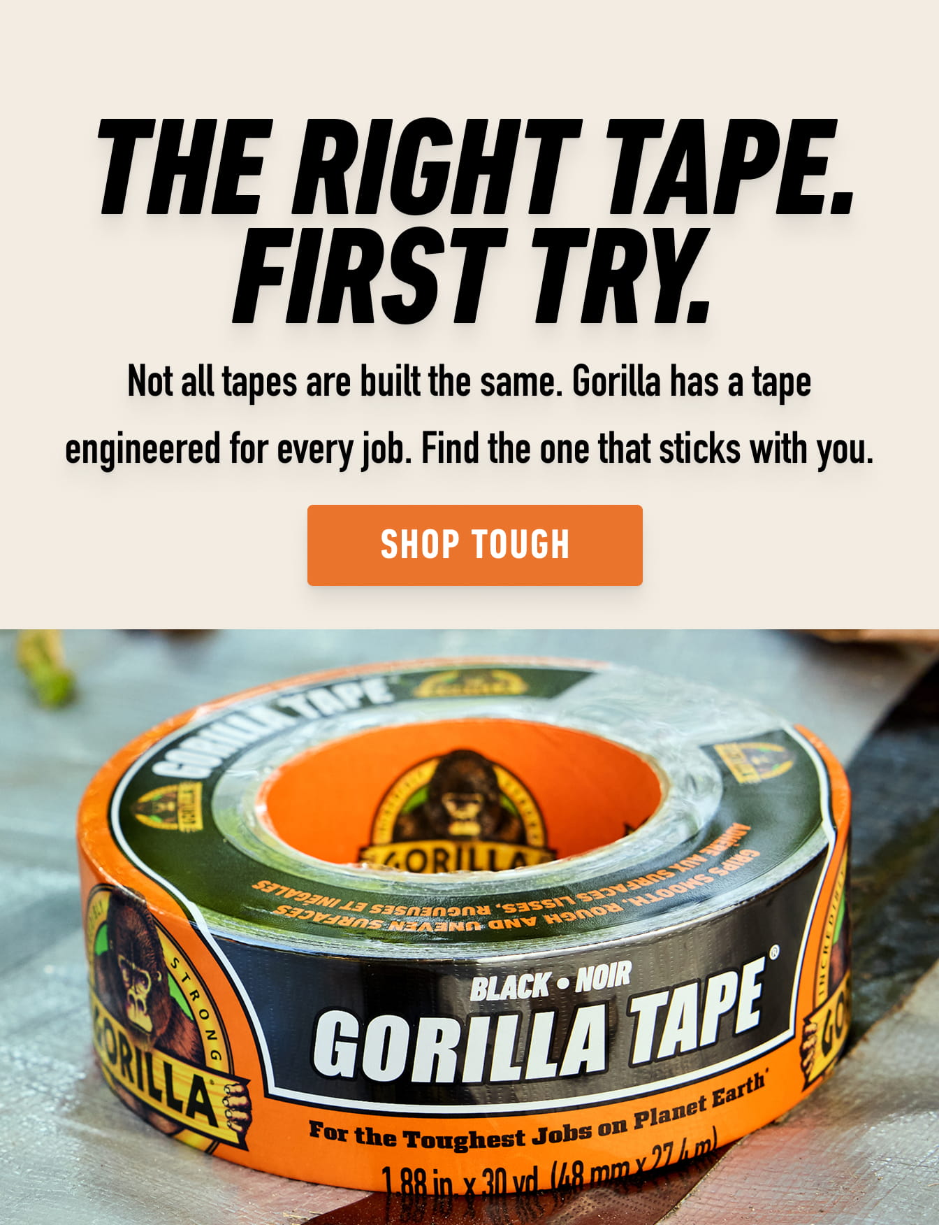 Roll of black Gorilla Tape with orange and black label on a surface with fallen leaves nearby.