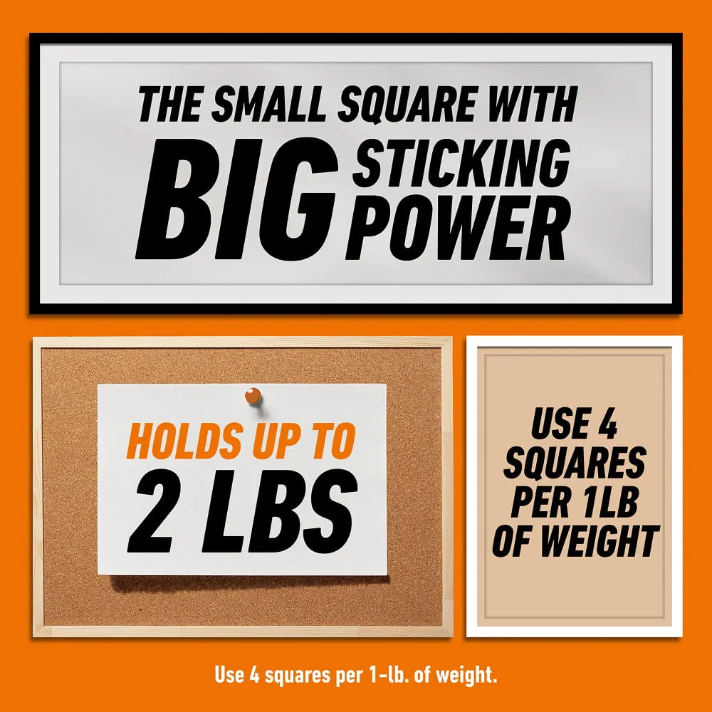 Text highlighting a Mounting Putty. It says the small square with big sticking power, holds up to 2 lbs, and recommends 4 squares per 1 lb of weight.