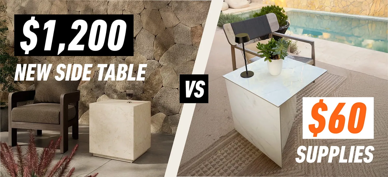 Comparison of two side tables: a $1,200 new beige stone side table next to a brown armchair on the left, versus a $60 white marble-look DIY side table with a plant and lamp on top near a pool on the right.