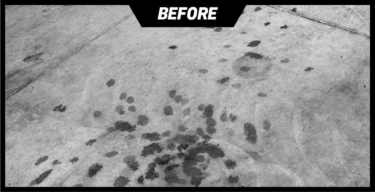 Concrete floor with multiple dark stains and spots marked as before condition.
