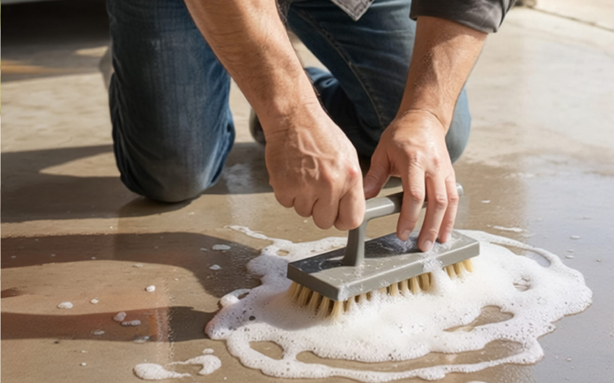 Person scrubbing a soapy floor surface with a rectangular brush while kneeling.