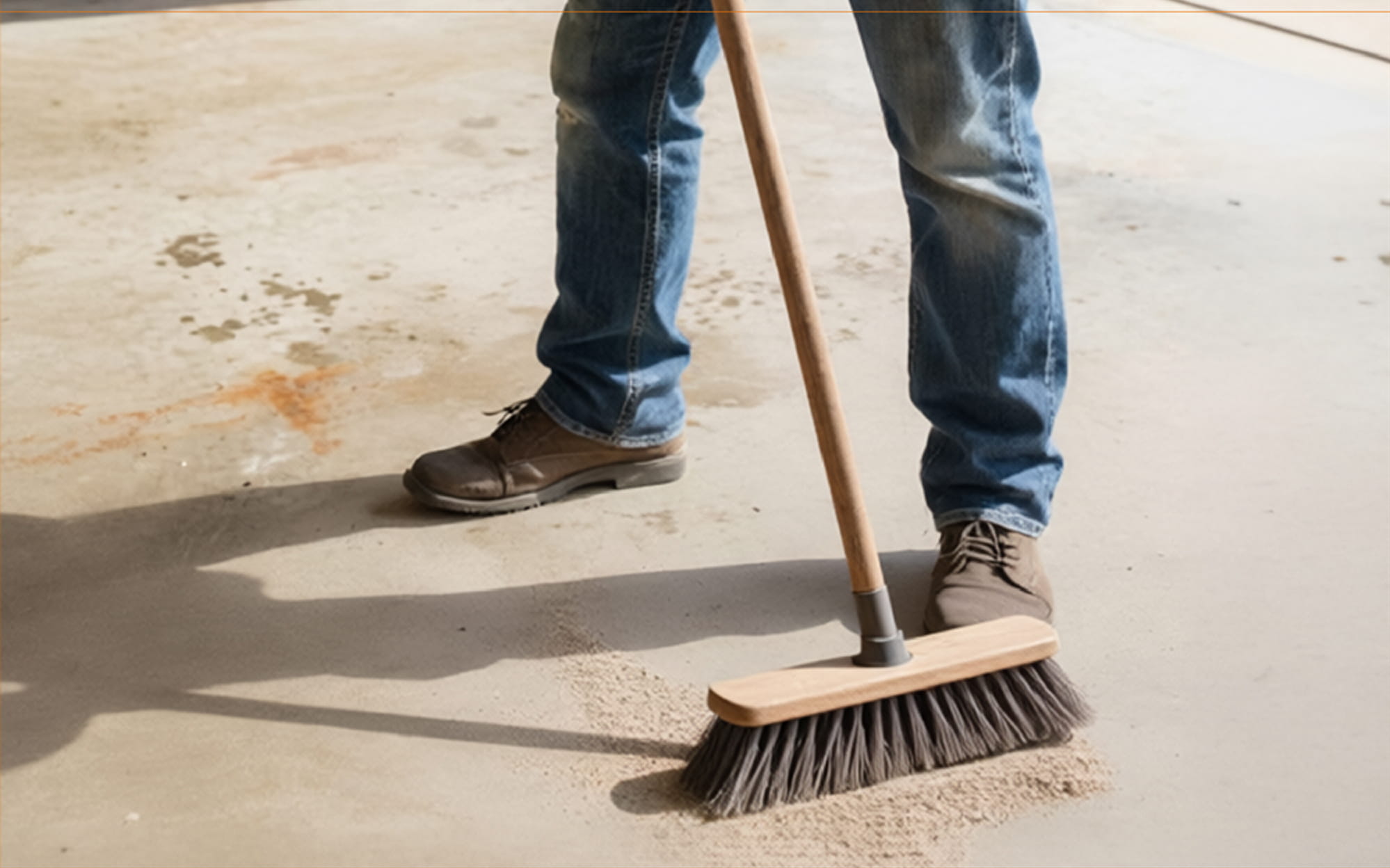 Person sweeping dirt on concrete floor.