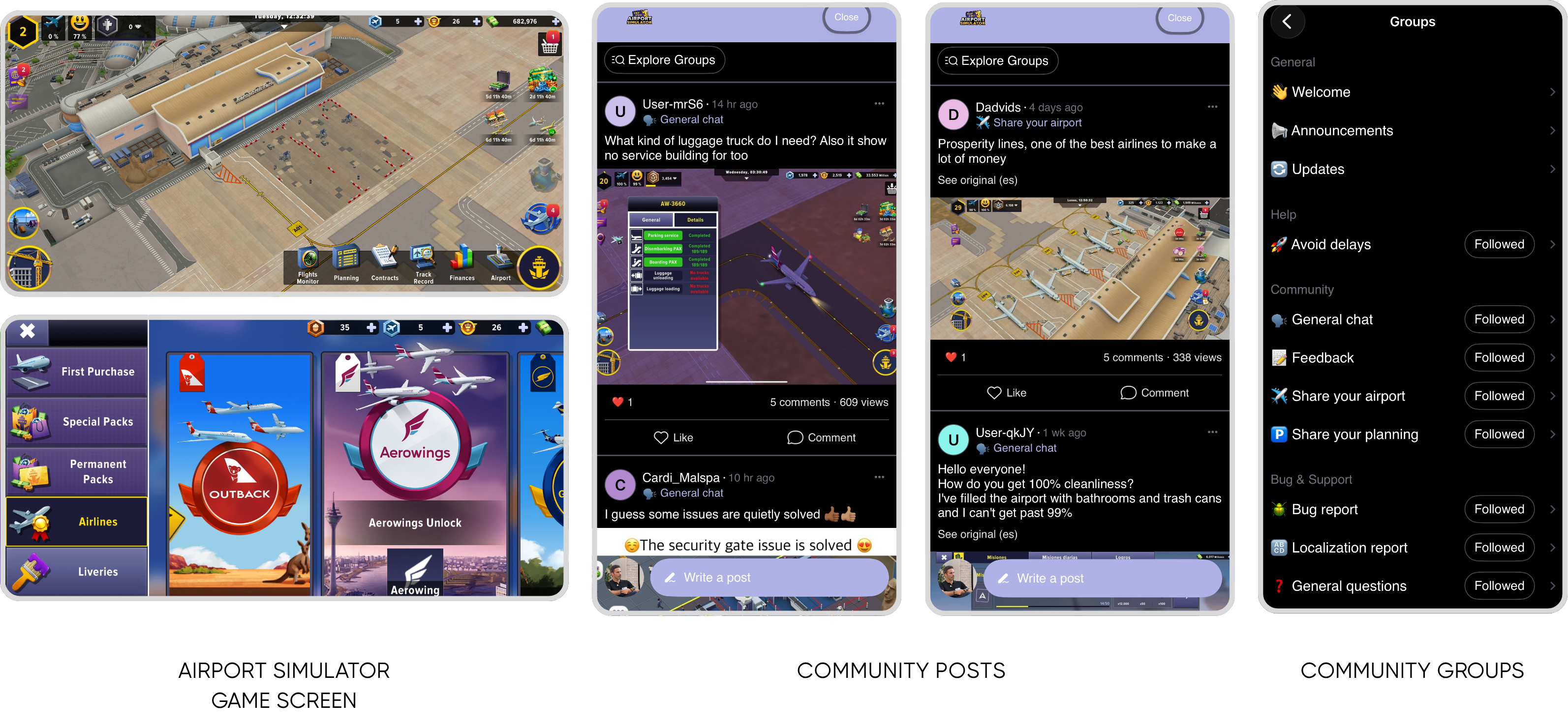 Airport Simulator game screen and in-app community screenshots