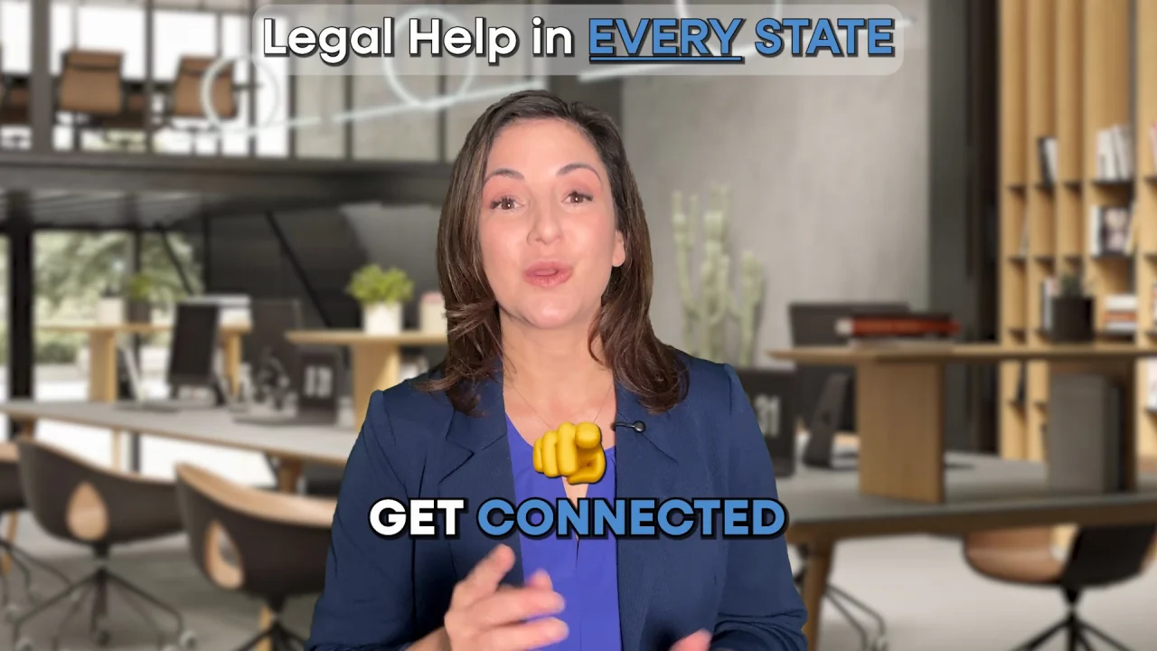 Woman in blue blazer promoting legal help with text 'Legal Help in EVERY STATE' and 'GET CONNECTED' in an office setting.