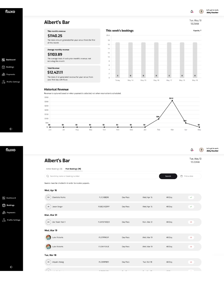 fluxoOS screenshots of the system, dasboards