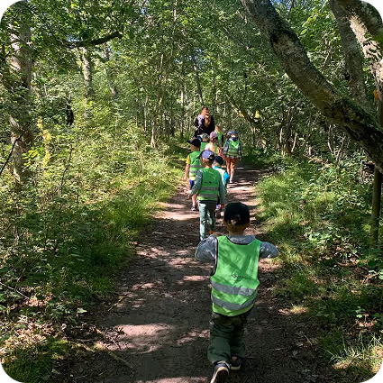 Barn från vår fristående förskola utforskar naturen tillsammans under en skogspromenad, iförda reflexvästar för trygghet och gemenskap.
