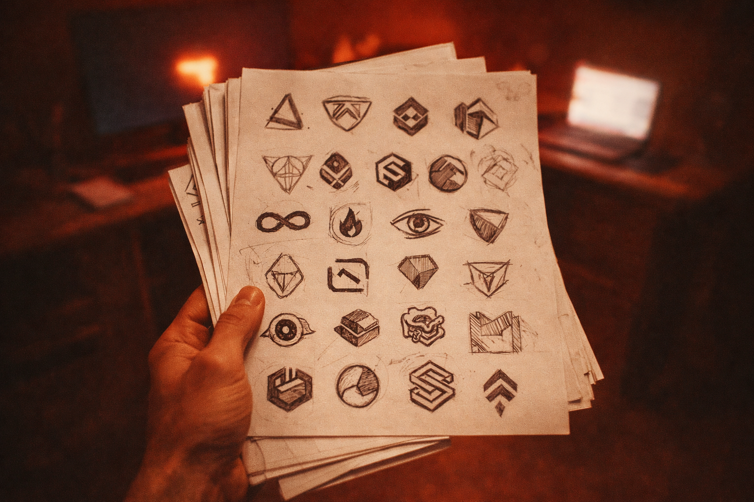 Persona sujetando hojas con bocetos para símbolo marcario