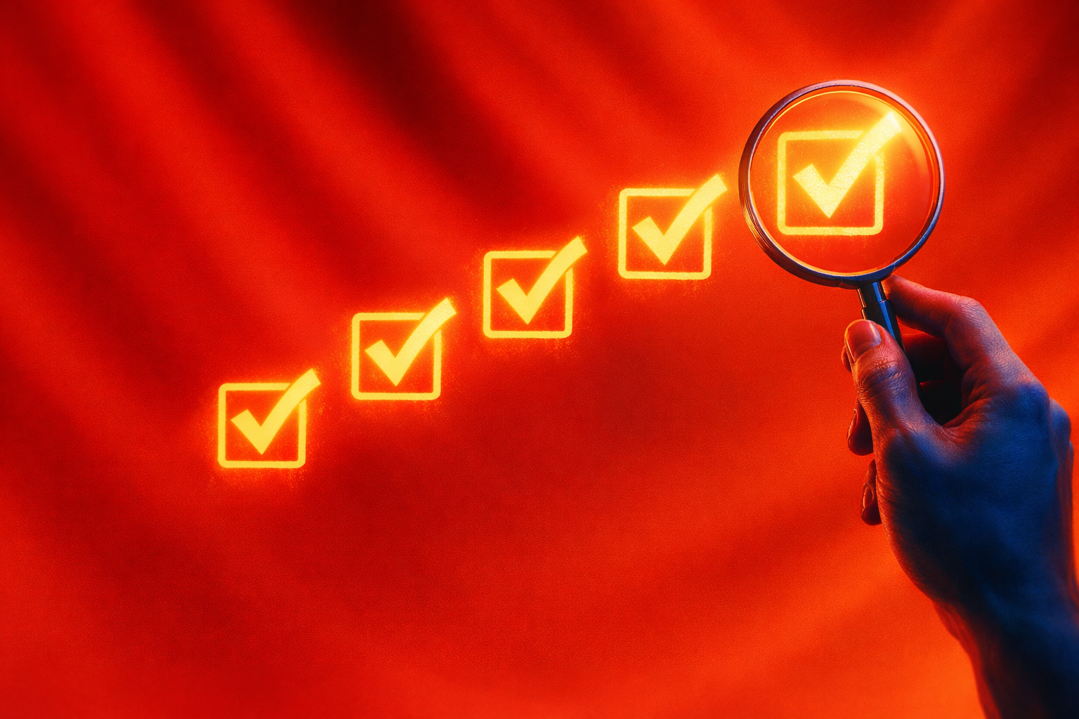 Mano sosteniendo lupa mientras se revisa checklist de marca