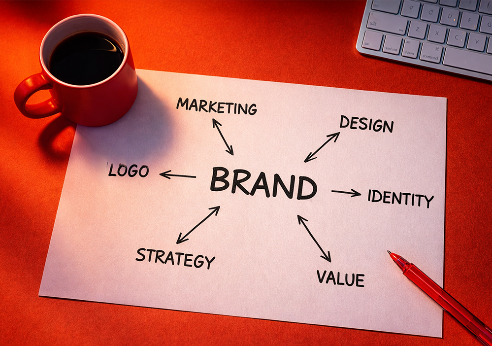 Hoja con elementos que componen una marca y taza de café junto