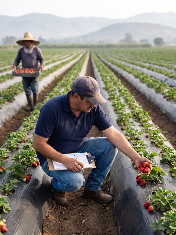 QA specialist inspecting strawberries at a partner farm