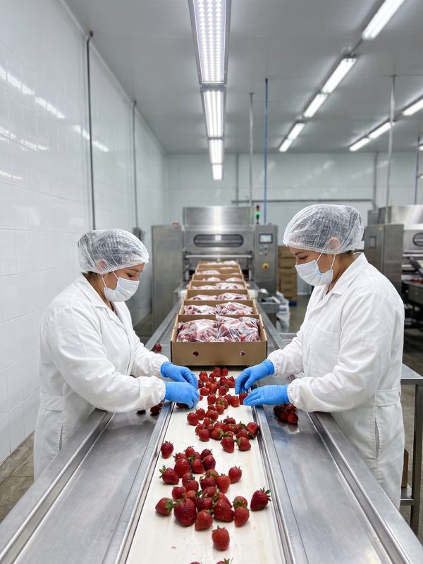 QA workers inspecting strawberries on a processing line