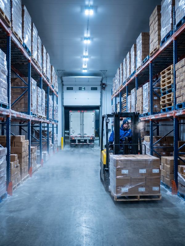 Cold storage warehouse with a refrigerated trailer at the dock