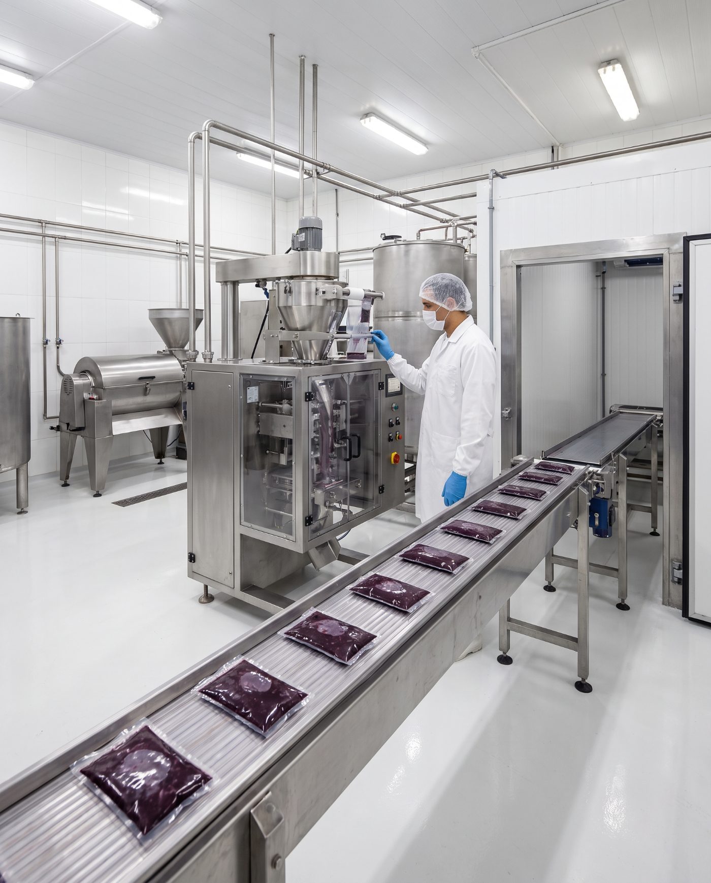 Acai pulp being packed into 100 g sachets on a form-fill-seal machine