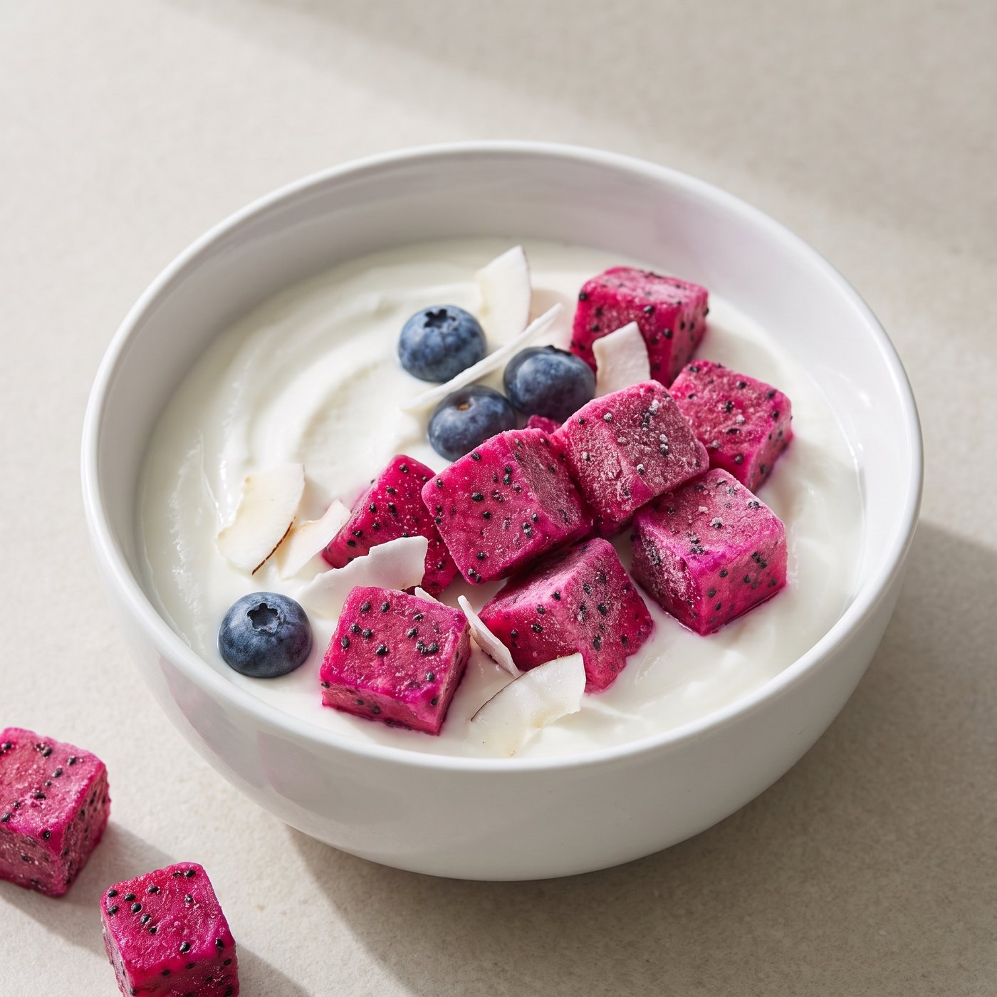 Yogurt topped with IQF dragon fruit