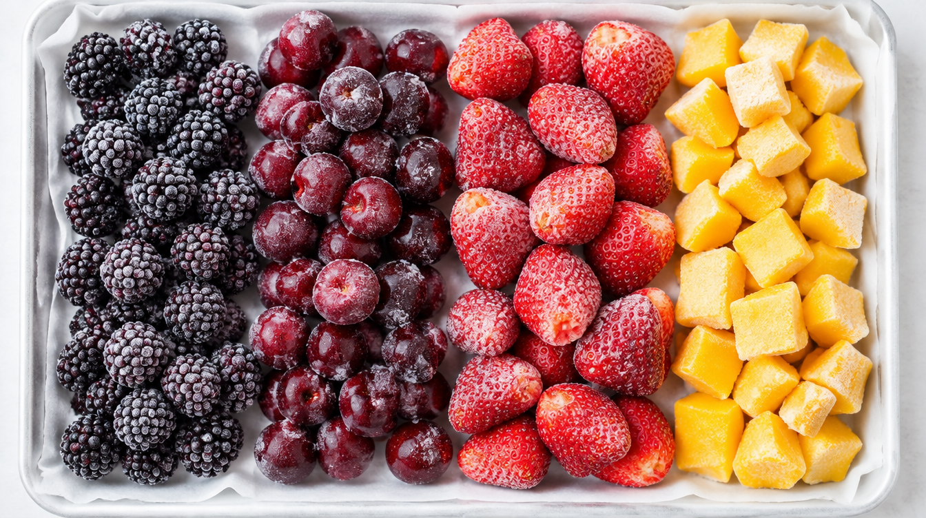 Frozen blackberries, cherries, strawberries and mango cubes arranged in rows on a tray
