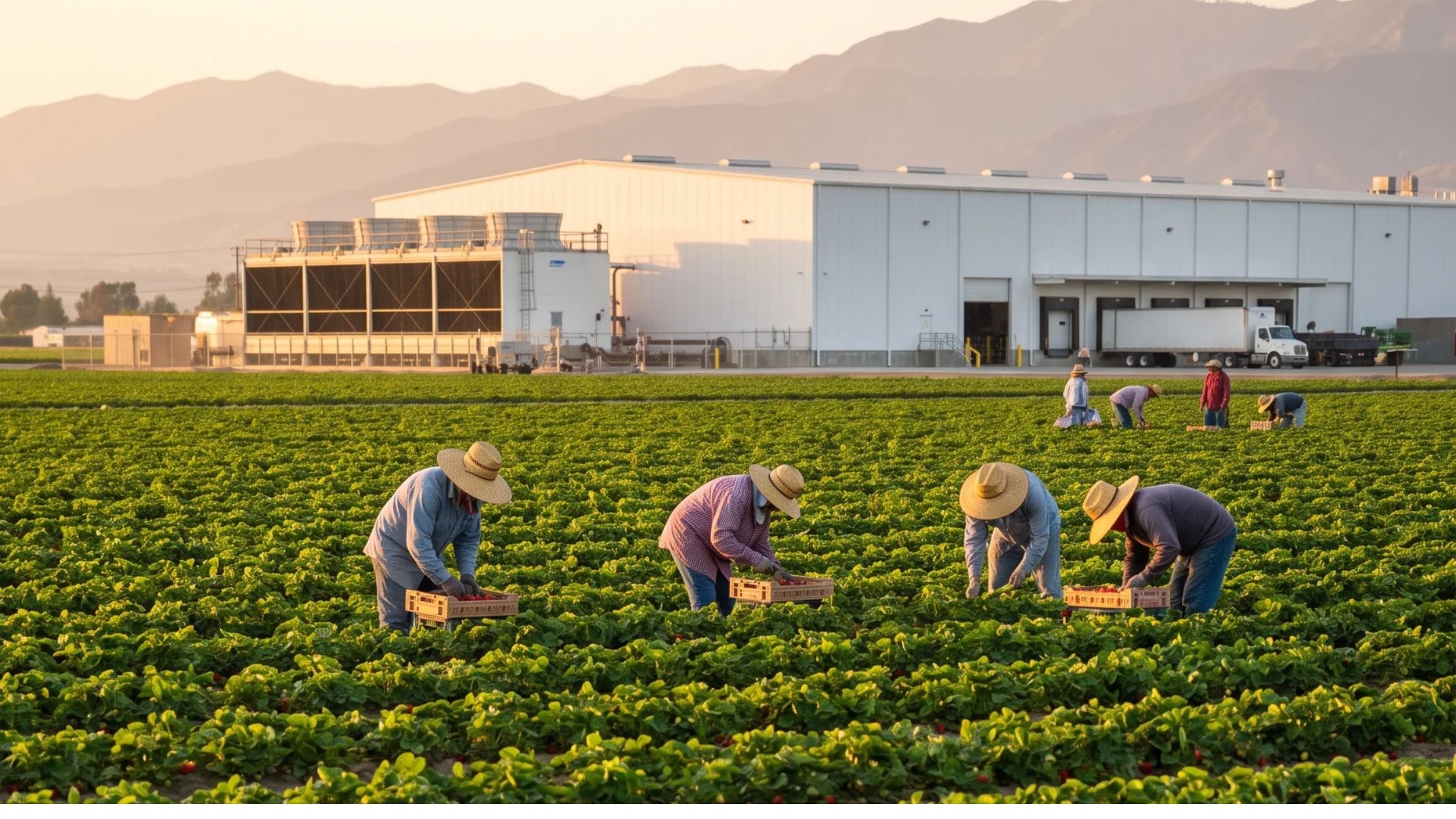 Growers harvesting strawberries in front of a fruit packing facility