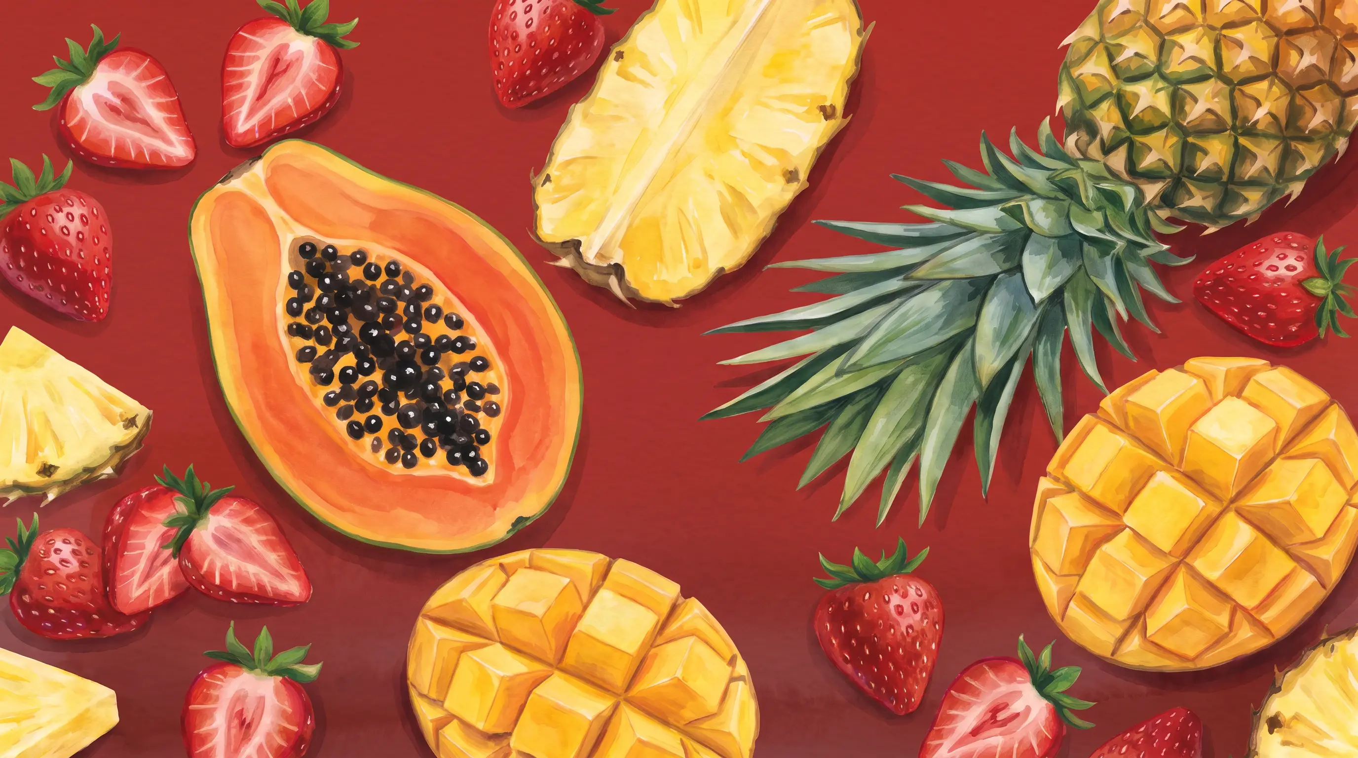 Illustration of strawberries, papaya, pineapple and mango on a red background