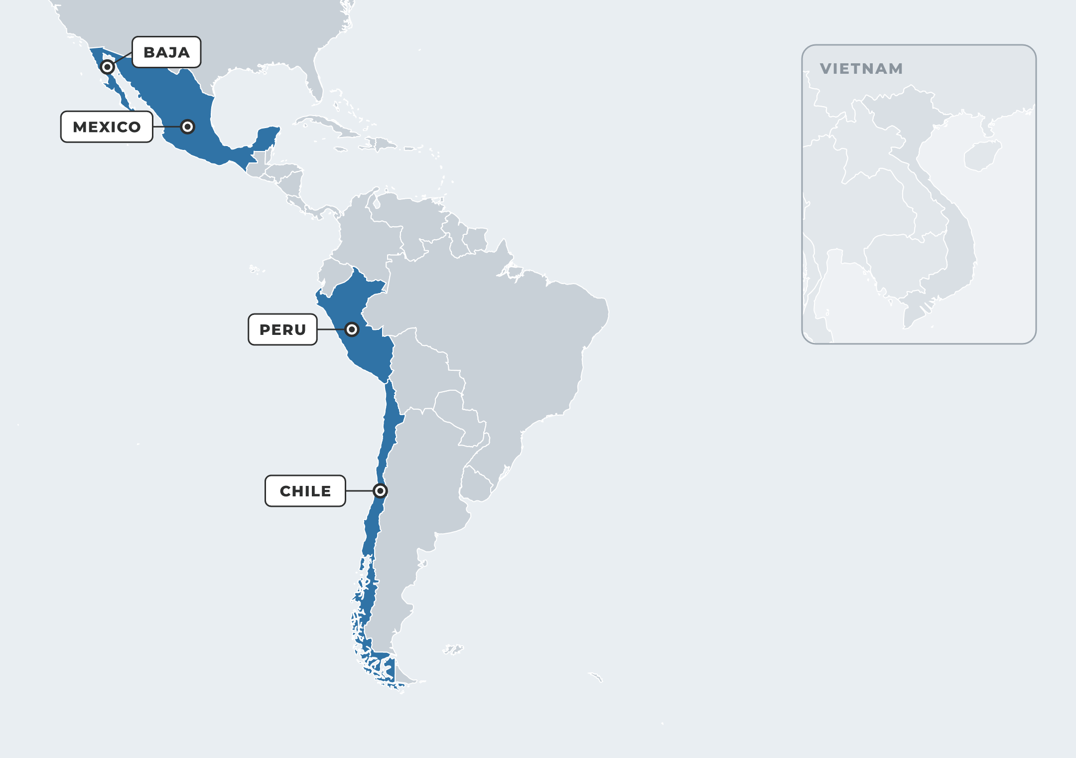 Map of organic berry origins: Mexico including Baja California, Peru and Chile