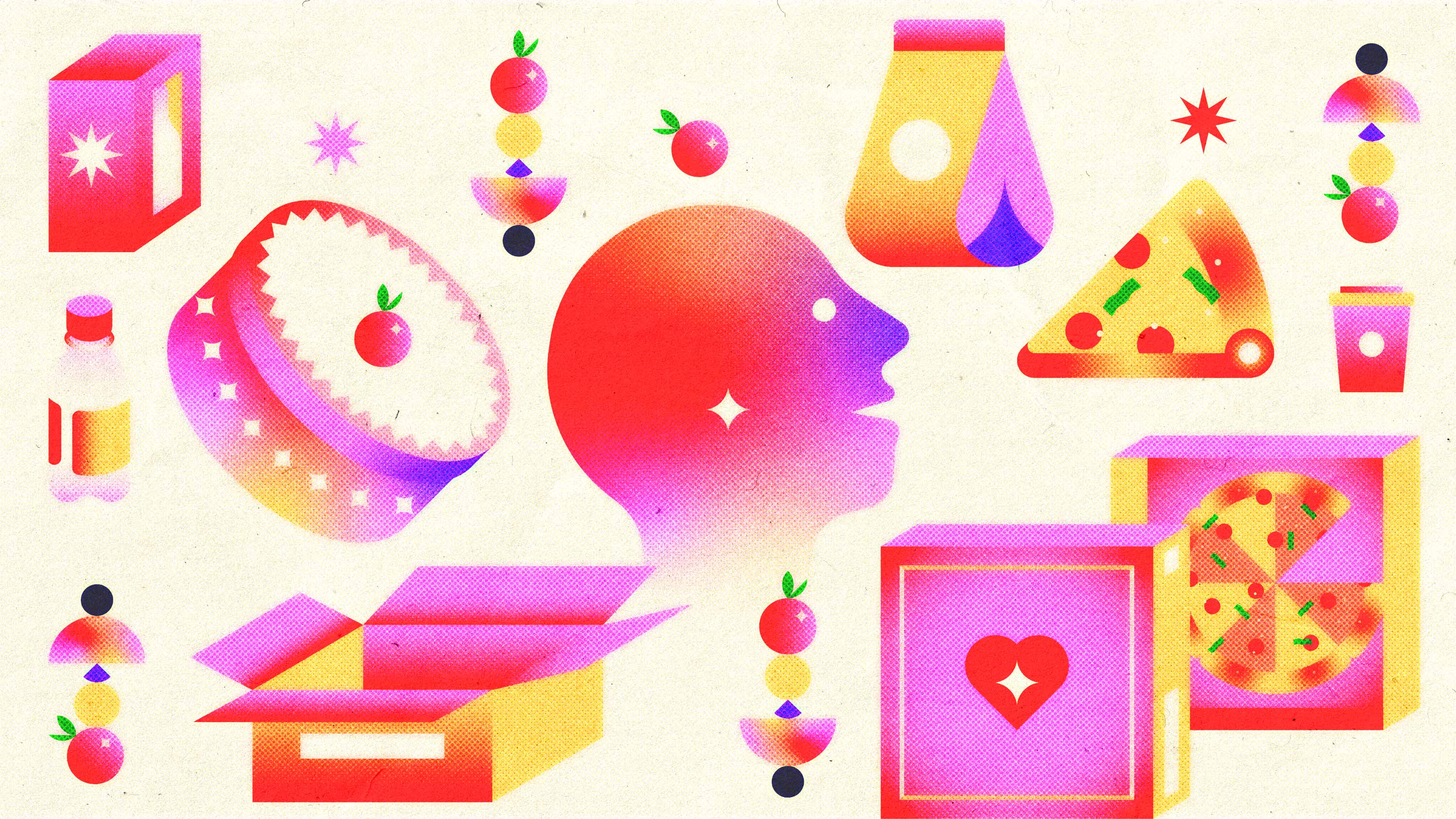 Ilustración editorial de Cherry Bomb sobre branding en México, con empaques, iconografía pop y una silueta pensante