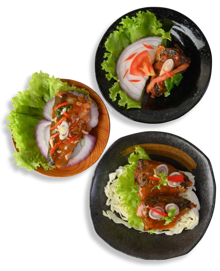 Three plates of vibrant dishes featuring lettuce, sliced vegetables, and savory meat garnished with sauces and herbs.