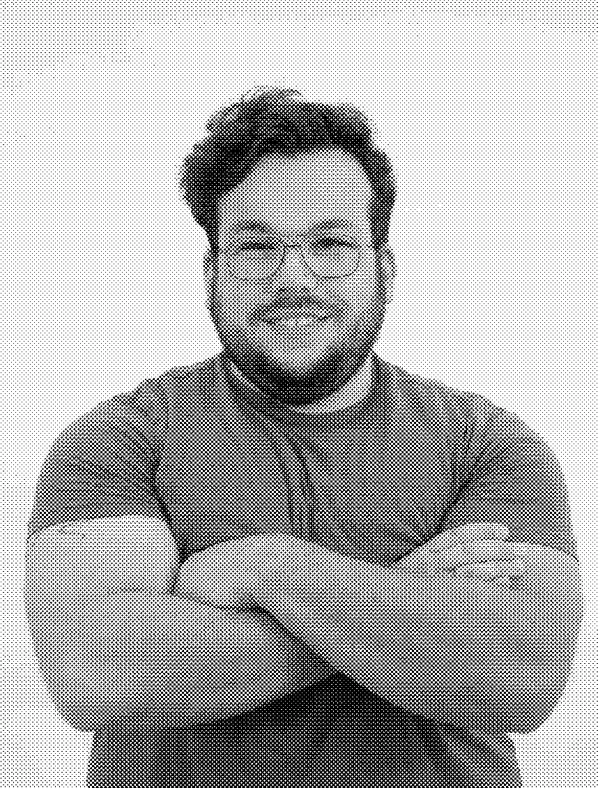 A photo of Christian Mahoney, rendered in a halftone pattern dither.