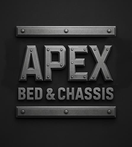 Metallic logo with the text 'APEX BED & CHASSIS' framed by two horizontal metal bars with rivets on a dark background.