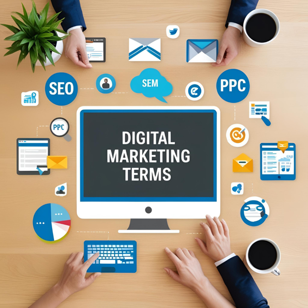 Icons and illustrations representing Digital Marketing terms