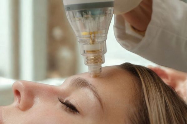 Close-up of a person receiving a skin treatment on the forehead with a handheld skincare device.