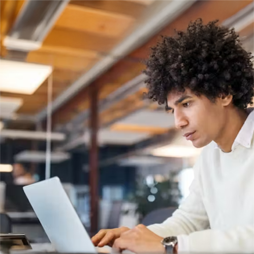 Student working on a laptop in a casual environment