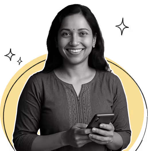Smiling woman with long hair wearing a traditional kurta, holding a smartphone.