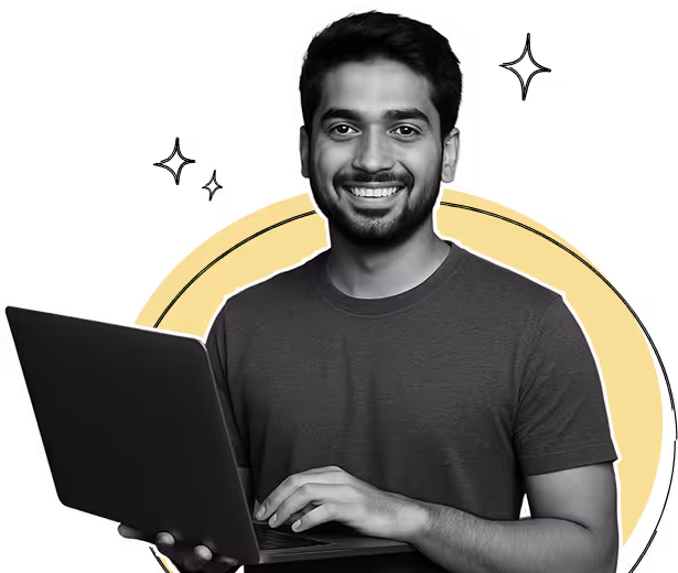 Smiling man holding and typing on a laptop with a yellow circle background.
