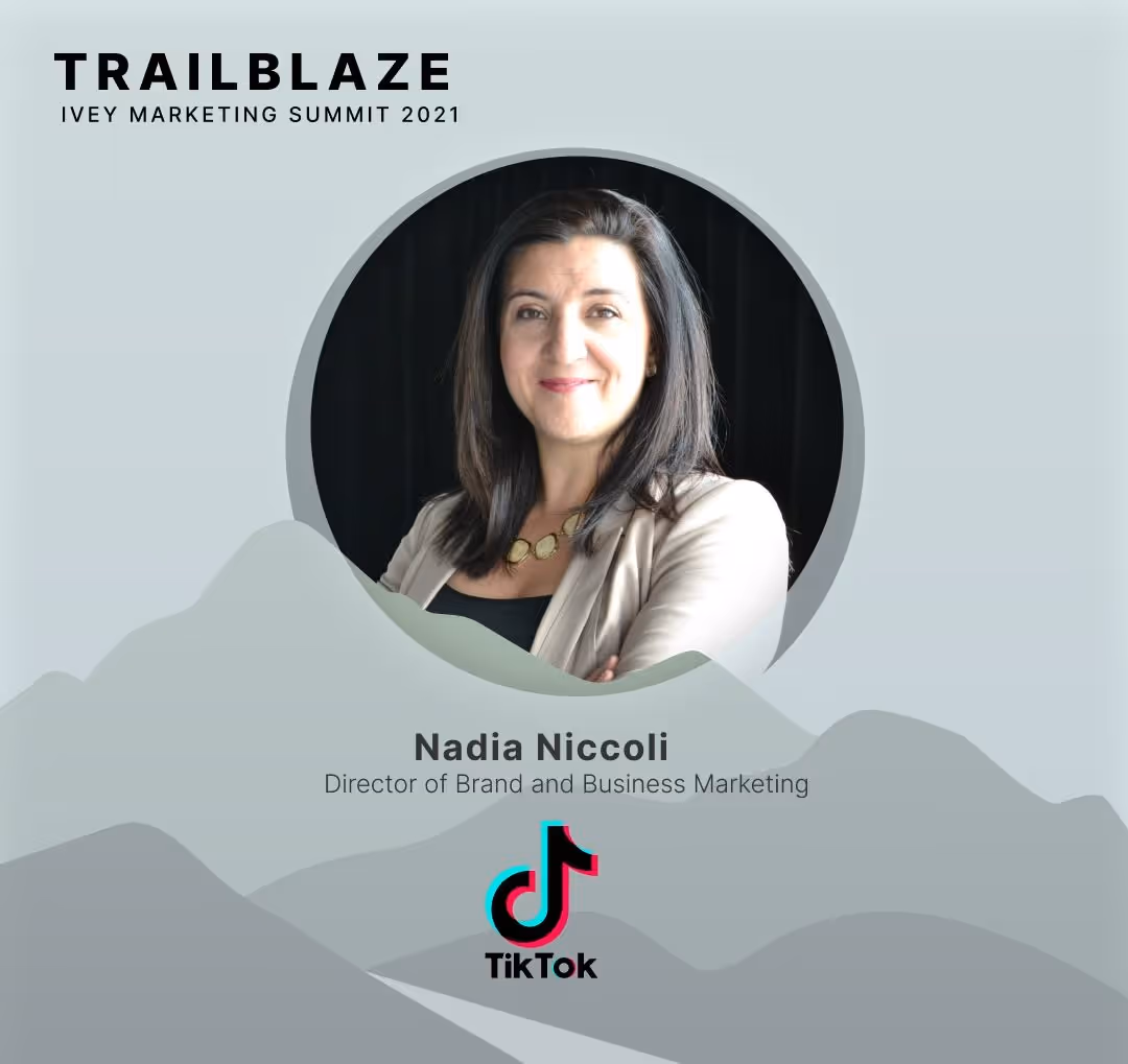 Portrait of Nadia Niccoli, Director of Brand and Business Marketing at TikTok, featured in Trailblaze Ivey Marketing Summit 2021.