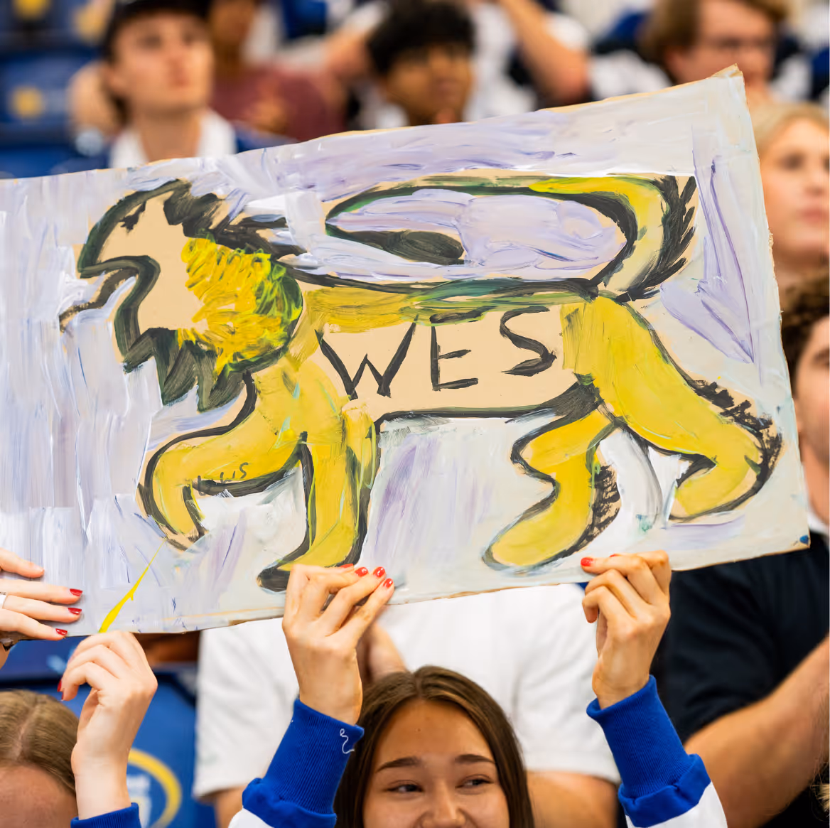 Person holding a handmade yellow lion sign with the word 'WES' painted on it at a sports event.
