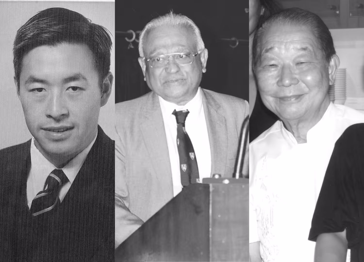 Collage of three black-and-white photos showing portraits of three men: a young man in a suit and tie, an older man with glasses in a suit and tie speaking at a podium, and a smiling elderly man.