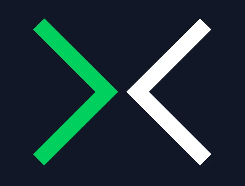 Abstract logo with a green right-pointing arrow and a white left-pointing arrow on a dark background.