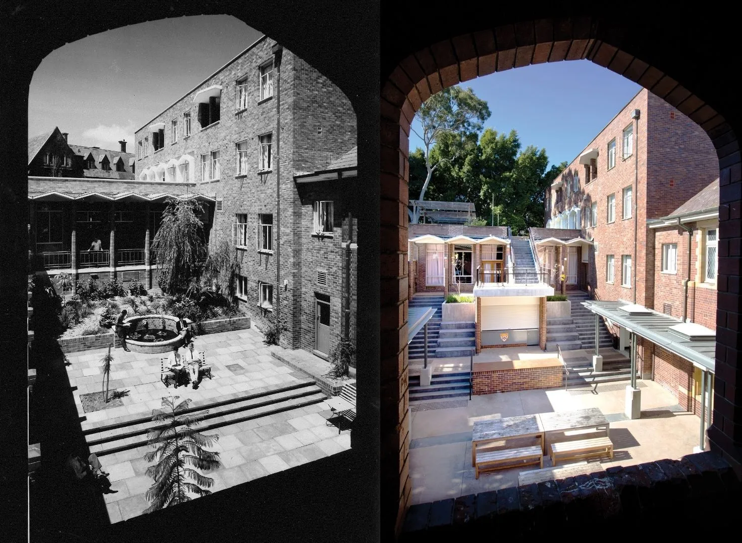 Side-by-side comparison of a courtyard before and after renovation, showing brick buildings and improved outdoor seating and landscaping.