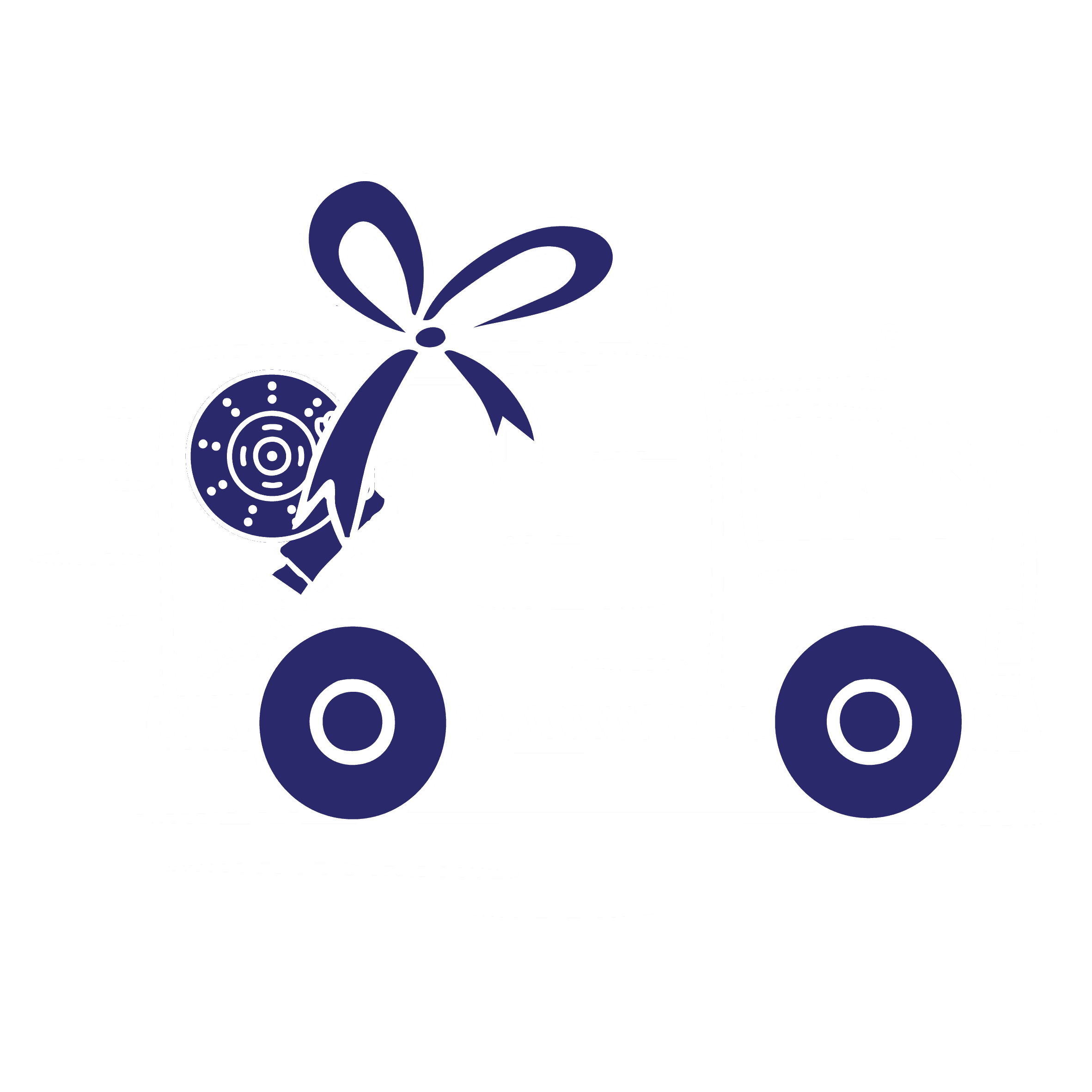 Illustration of a delivery van with a large bow and automotive parts like a brake disc and shock absorber on its side, symbolizing fast car parts delivery.