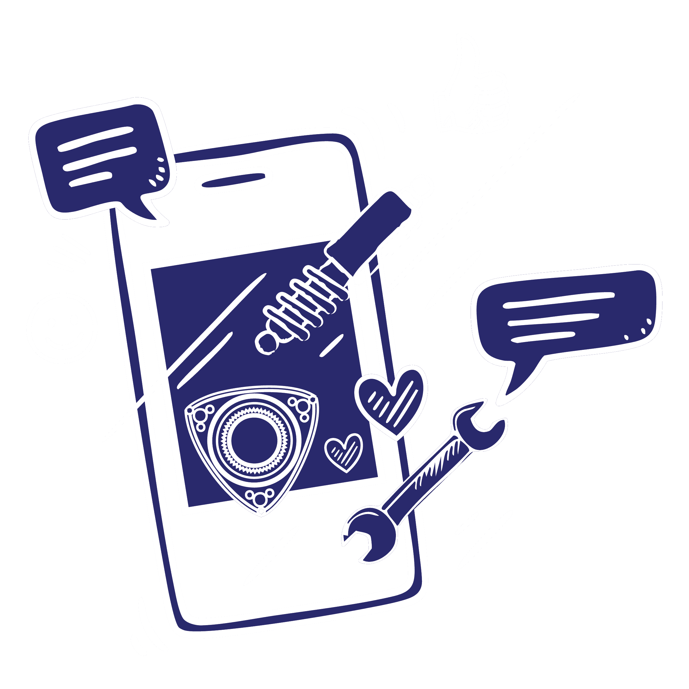 Illustration of a smartphone surrounded by mechanical parts, chat bubbles, hearts, a thumbs-up, and a smiley face, symbolizing mobile mechanics and communication.