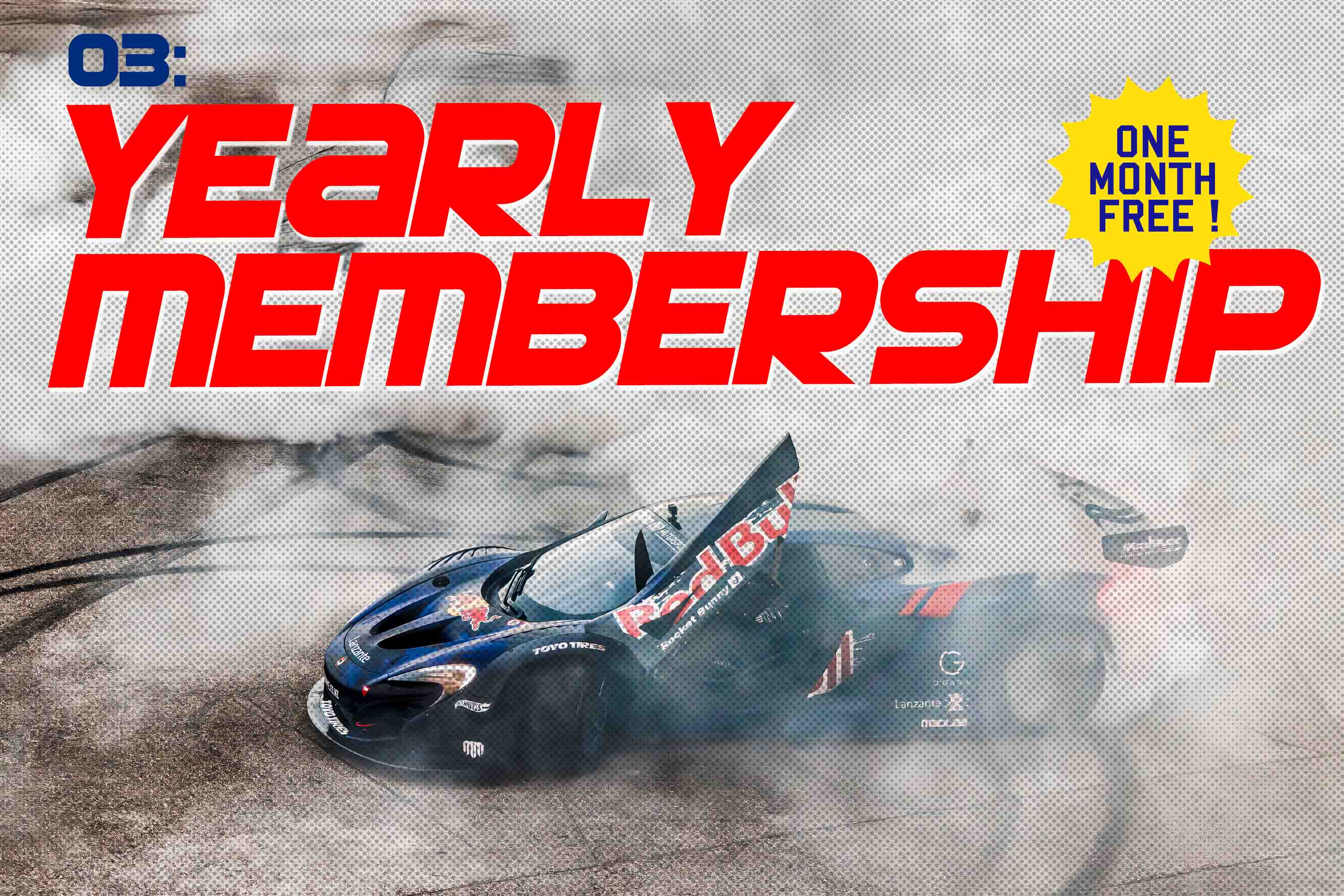 Yearly Membership poster with a car drifting