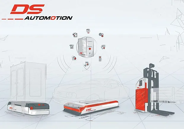 Diagramm, das drei DS Automotion Transportfahrzeuge DS Automotion und die Symbole der damit verbundenen Systeme zeigt.