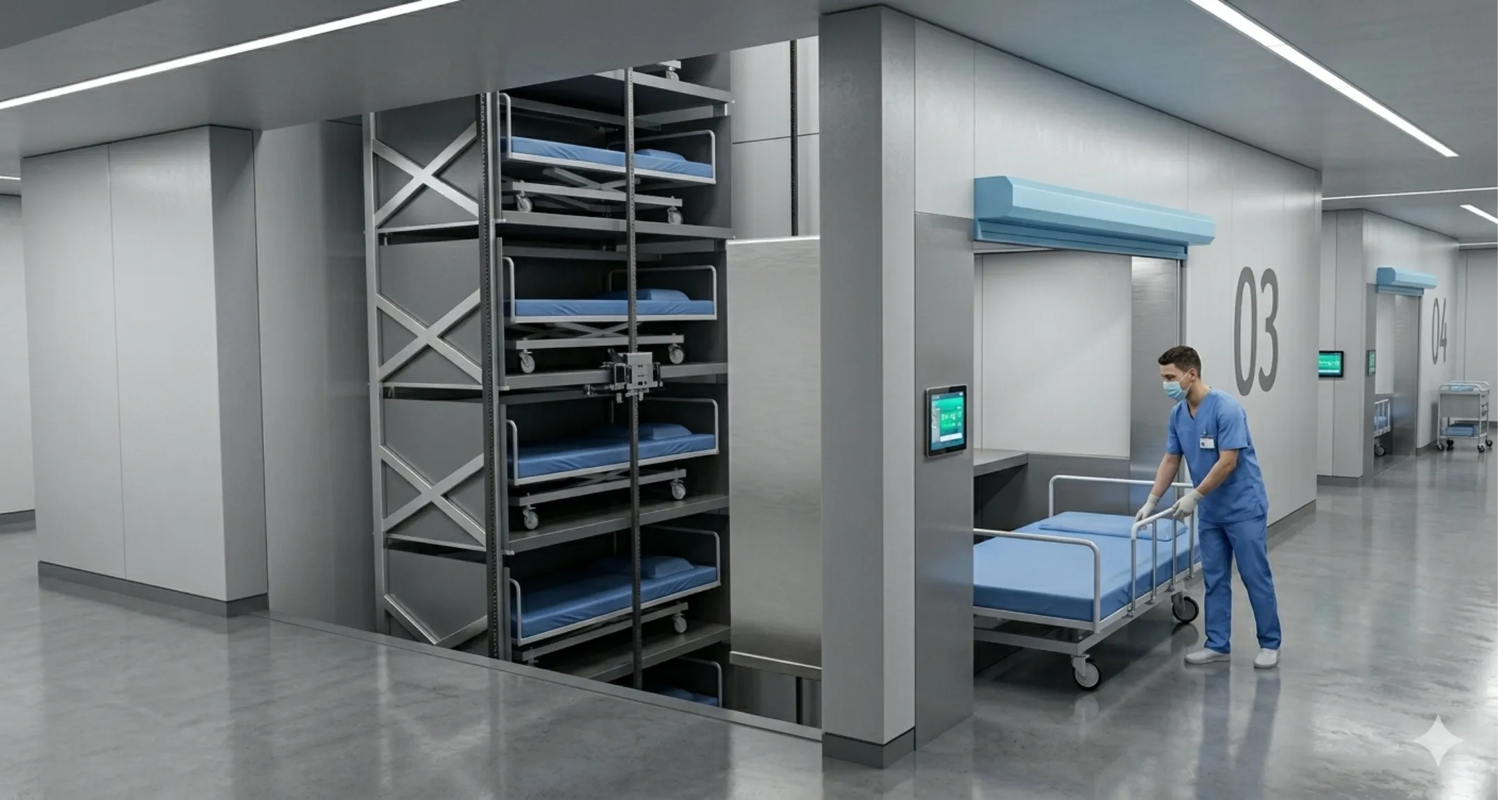 Das Pflegepersonal transportiert ein Krankenhausbett aus einem automatisierten Lagersystem in einen Klinikflur.