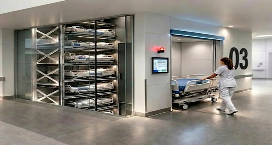 Sygeplejerske skubber hospitalsseng ud af opbevaringsrum i moderne medicinsk facilitet.