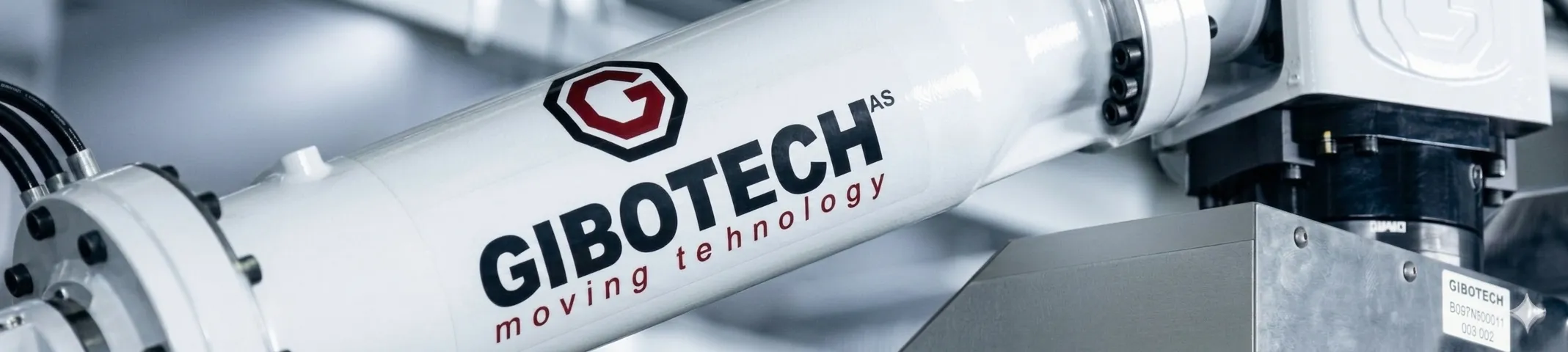 Detaljeret billede af en hvid GIBOTECH robotarm med logo og teknologi tekst.