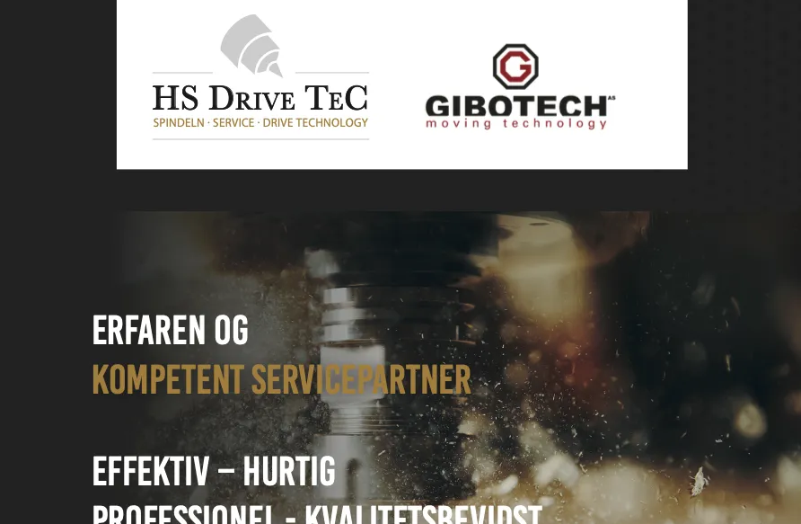 Logos von HS Drive Tec und Gibotech über einem Text, der einen erfahrenen, kompetenten Servicepartner auf Dänisch beschreibt.