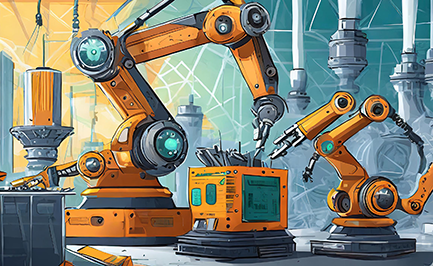 Illustration von orangefarbenen Robotern an CNC-Maschinen