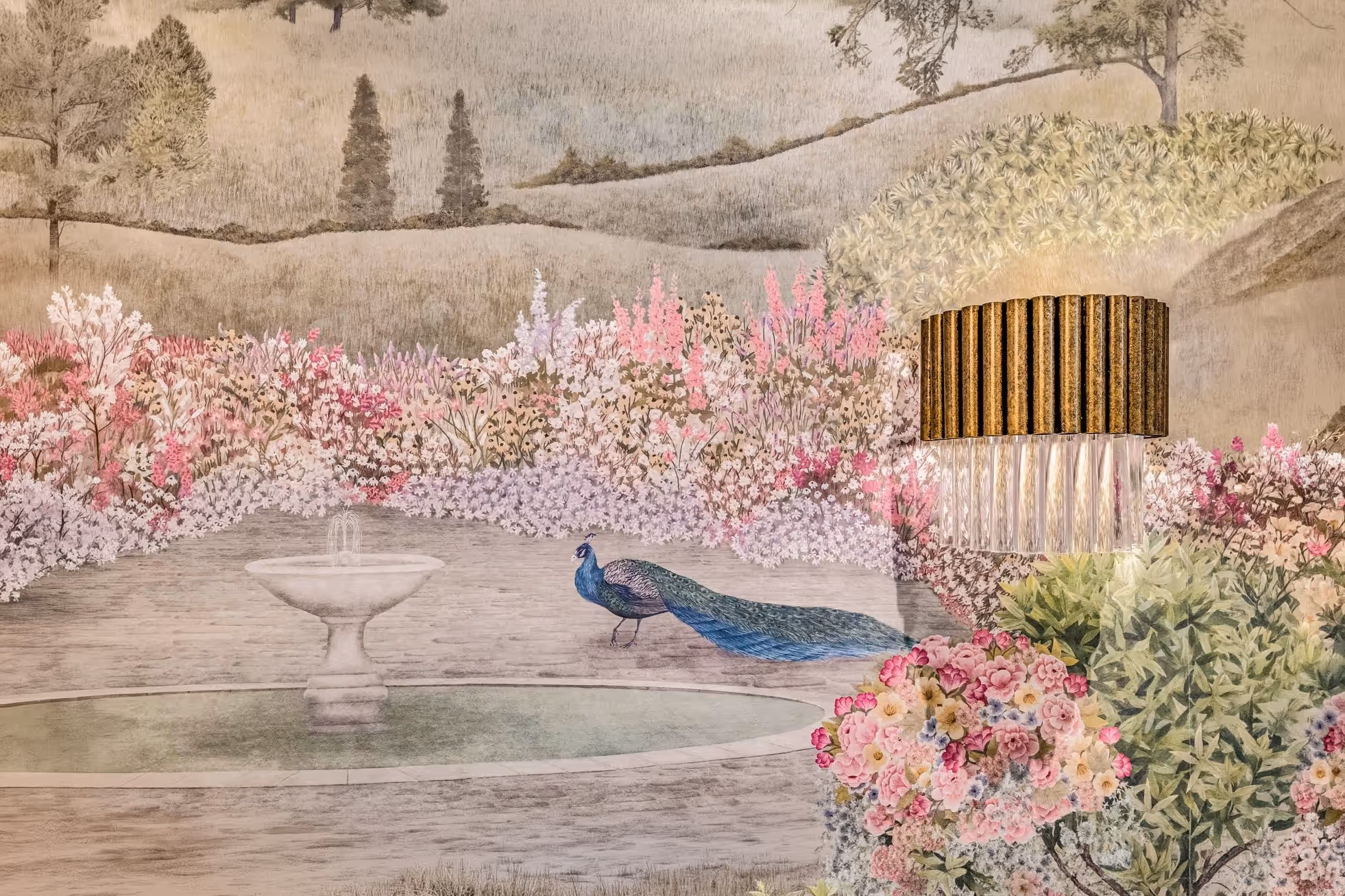 Scenic wallpaper with a garden fountain, a peacock and flowering shrubs