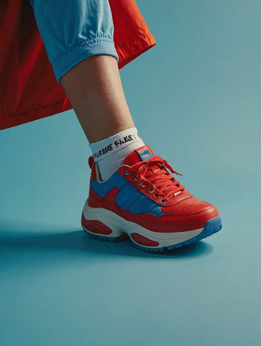A person wearing red and blue sneakers and a red bag.