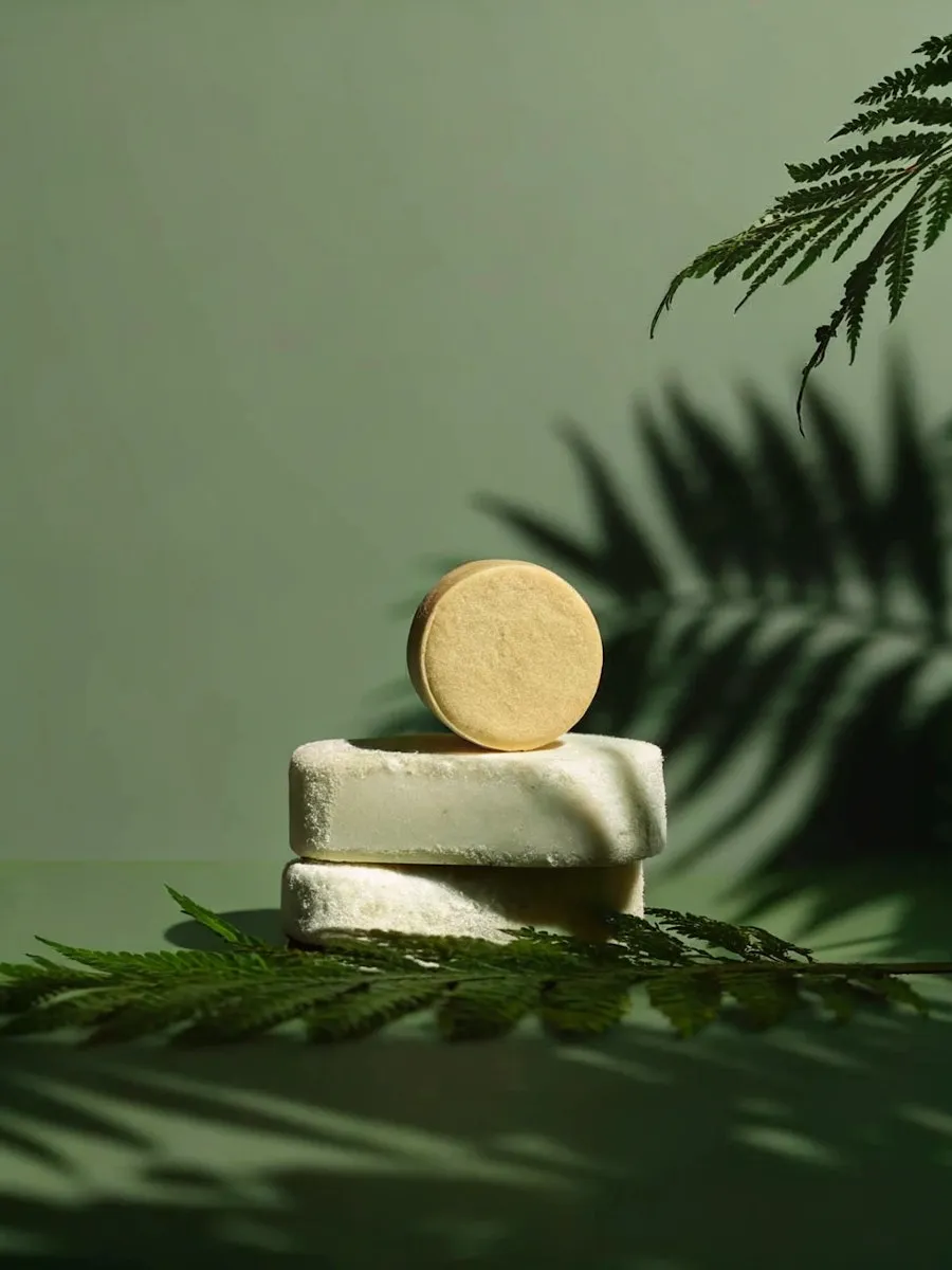 Two stacked white soap bars with a round beige soap bar on top, surrounded by fern leaves and shadows on a green background.
