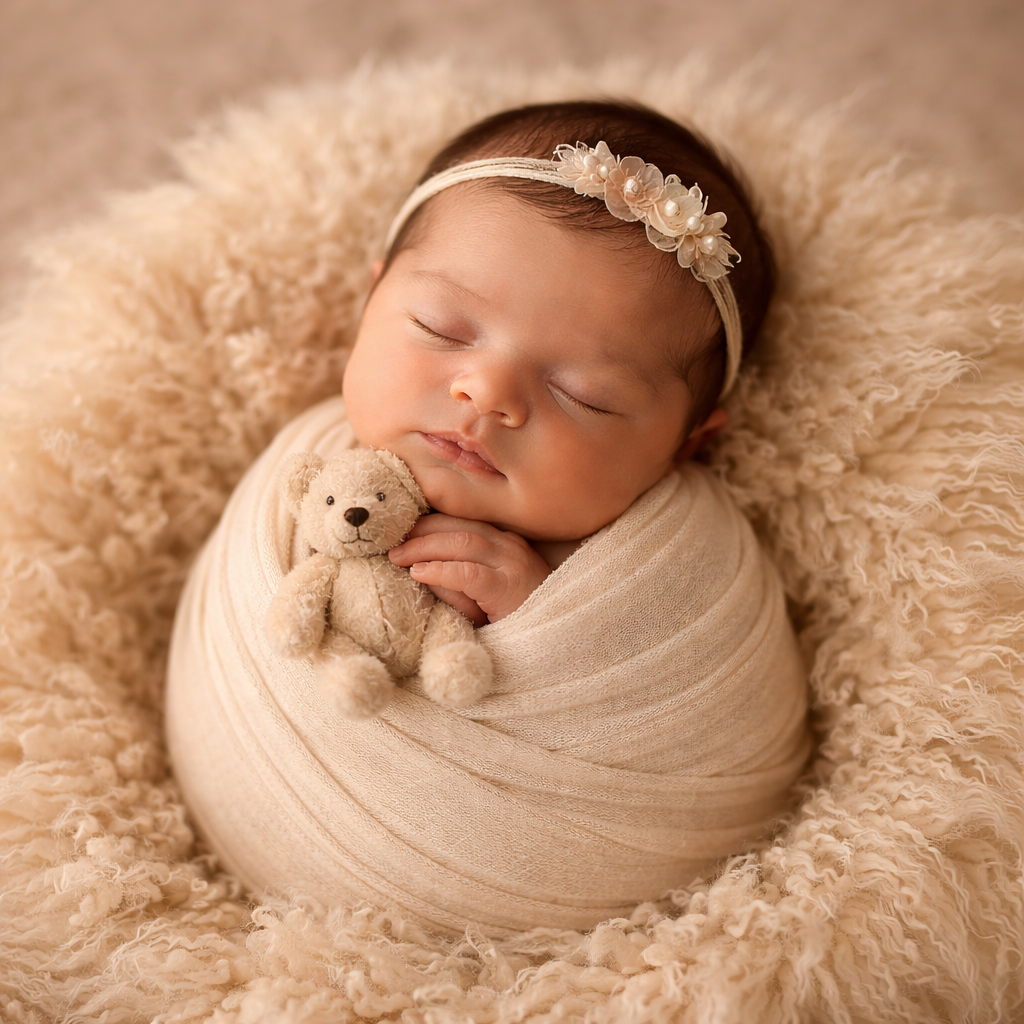 Newborn baby wrapped in beige fabric holding a small teddy bear, resting on a soft textured blanket.