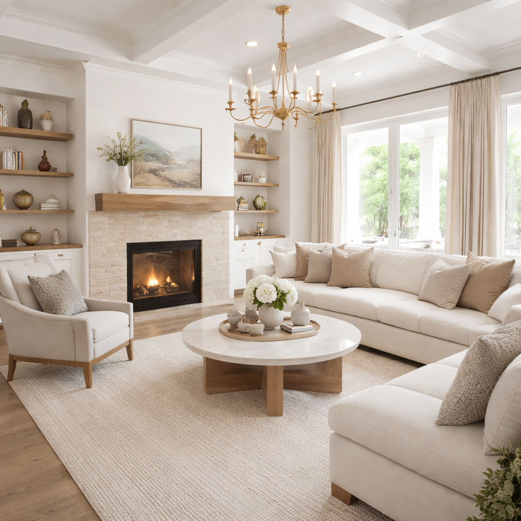 Bright living room with beige furniture, a round marble coffee table, a fireplace with a wooden mantel, built-in shelves, and a golden chandelier.